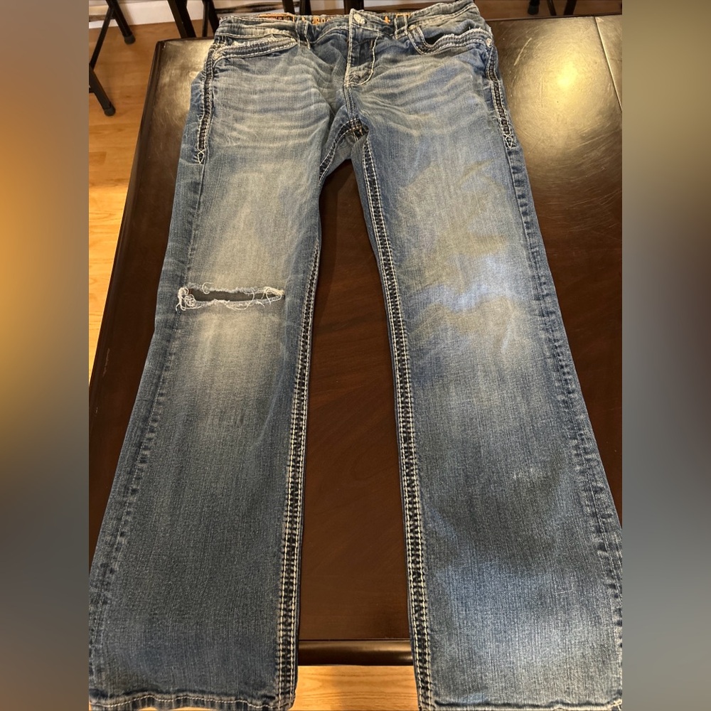Rock Revival Jacoby Boot Cut  Mens 36x31 Blue Denim Distressed / Heavily Used